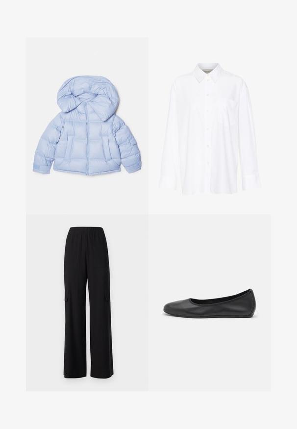 Svetlo modra puhovka z velikim kapuco, zadrgo in prešitim dizajnom. Ima dve sprednji žepi in elastične manšete za udobno prileganje.; Bela dolga majica s kragnico iz bombaža. Ima gumbno zapenjanje spredaj in eno žep na prsih. Gladka tekstura, sproščen kroj.; Črne široke hlače iz lahkega materiala, z elastičnim pasom, dvema sprednjima žepoma in dvema stranskima žepoma v stilu cargo.; Črne usnjene balerinke z zaobljenim nosom, gladko teksturo, minimalnimi šivi in fleksibilno zasnovo podplata.
