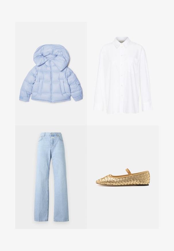 Svijetloplava puffer jakna s velikim kapuljačom, zatvaranjem na patentni zatvarač i kviltanim dizajnom. Sadrži dva prednja džepa i elastične manžete za usko pristajanje.; Bijela košulja dugih rukava s kragnom, izrađena od pamuka. Ima kopčanje s gumbima sprijeda i jednu džep na prsima. Glatka tekstura, ležeran kroj.; Svijetloplave široke traperice napravljene od denima; imaju dizajn s pet džepova, prednje kopčanje na gumbe i suptilno izblijeđenje na tkanini.; Loeffler Randall LEONIE SOFT BALLET FLAT - Balerinke s trakom oko gležnja - gold