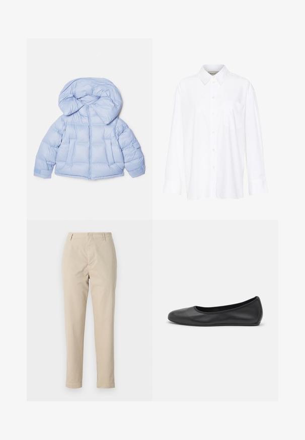 Light blue puffer jacket with a large hood, zip closure, and quilted design. Features two front pockets and elastic cuffs for a snug fit.; White long-sleeve collared shirt made of cotton. Features a button-down front and a single chest pocket. Smooth texture, relaxed fit.; Beige cotton trousers with a straight fit, belt loops, and a zip fly. The fabric has a smooth texture and no visible patterns or accents.; Black leather ballet flat with a rounded toe, smooth texture, minimal stitching detail, and a flexible sole design.