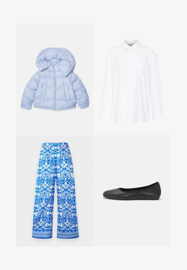 Světle modrá prošívaná bunda s velkou kapucí, zipovým zapínáním a prošívaným designem. Obsahuje dvě přední kapsy a elastické manžety pro těsné uchycení.; Bílá košile s dlouhým rukávem a límečkem vyrobená z bavlny. Má knoflíkovou přední část a jedno kapsičku na prsou. Hladký povrch, volný střih.; Modré a bílé kalhoty s širokými nohavicemi, elastickým pasem a složitým květinovým damaskovým vzorem, s dekorativním lemem blízko spodního okraje.; Černé kožené baletní byty s kulatou špičkou, hladkou texturou, minimálními švy a flexibilním designem podrážky.
