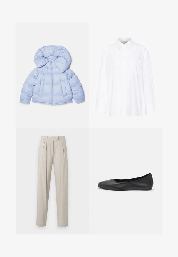Světle modrá prošívaná bunda s velkou kapucí, zipovým zapínáním a prošívaným designem. Obsahuje dvě přední kapsy a elastické manžety pro těsné uchycení.; Bílá košile s dlouhým rukávem a límečkem vyrobená z bavlny. Má knoflíkovou přední část a jedno kapsičku na prsou. Hladký povrch, volný střih.; Plisované kalhoty z lehké béžové lněné tkaniny, s rovnými nohavicemi a hladkou strukturou. Žádné viditelné kapsy ani zapínání.; Černé kožené baletní byty s kulatou špičkou, hladkou texturou, minimálními švy a flexibilním designem podrážky.