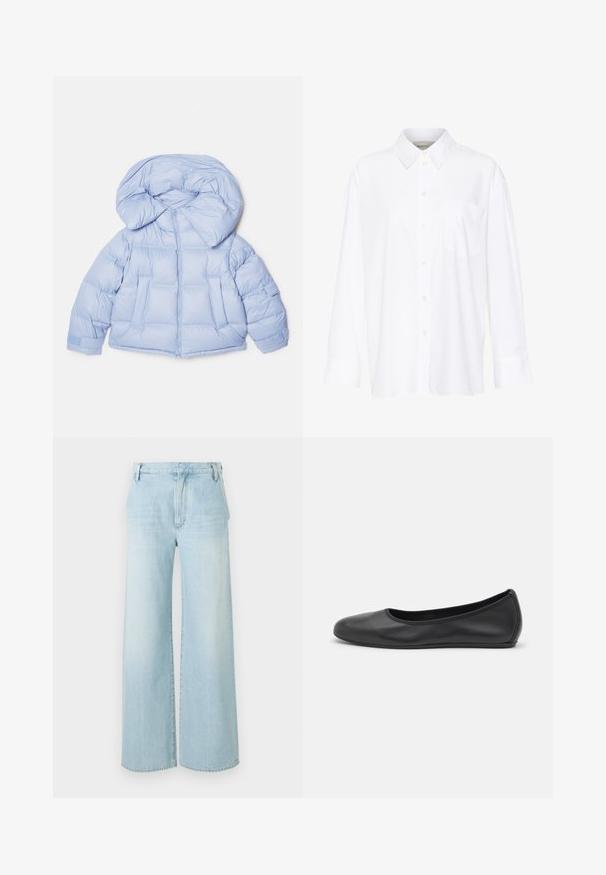 Hele sinine puffjakiga, millel on suur kapuuts, tõmblukk ja tikandiga disain. Omab kahte esist taskut ja elastseid mansette mugava istuvuse tagamiseks.; Valge pika käisega krae särg, mis on valmistatud puuvillast. Omab nööbipaneeli esiosa ja ühte rinna taskut. Sujuv tekstuur, vabalt lõigatud.; Heledad sinised laiad teksad, mis on valmistatud denimist. Omab kõrget vööd, viit taskut ja kerget kulumist, puhta äärisega.; Musthave mustika tantsutossud mustast nahast, ümmarguse varbaga, siledast tekstuurist, minimaalse õmblusdetailiga ja paindliku tallakujundusega.