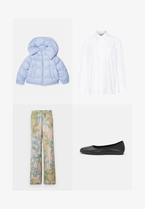 Light blue puffer jacket with a large hood, zip closure, and quilted design. Features two front pockets and elastic cuffs for a snug fit.; White long-sleeve collared shirt made of cotton. Features a button-down front and a single chest pocket. Smooth texture, relaxed fit.; Relaxed-fit, lightweight trousers in beige with green and blue palm leaf prints, featuring an elasticated waistband and wide legs.; Black leather ballet flat with a rounded toe, smooth texture, minimal stitching detail, and a flexible sole design.