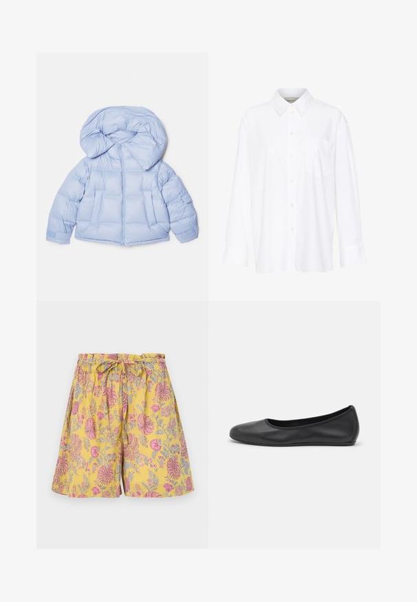 Světle modrá prošívaná bunda s velkou kapucí, zipovým zapínáním a prošívaným designem. Obsahuje dvě přední kapsy a elastické manžety pro těsné uchycení.; Bílá košile s dlouhým rukávem a límečkem vyrobená z bavlny. Má knoflíkovou přední část a jedno kapsičku na prsou. Hladký povrch, volný střih.; Květinové šortky ve žluté barvě, s růžovými a šedými vzory, elastickým pasem se zavazováním a volným, uvolněným střihem.; Černé kožené baletní byty s kulatou špičkou, hladkou texturou, minimálními švy a flexibilním designem podrážky.