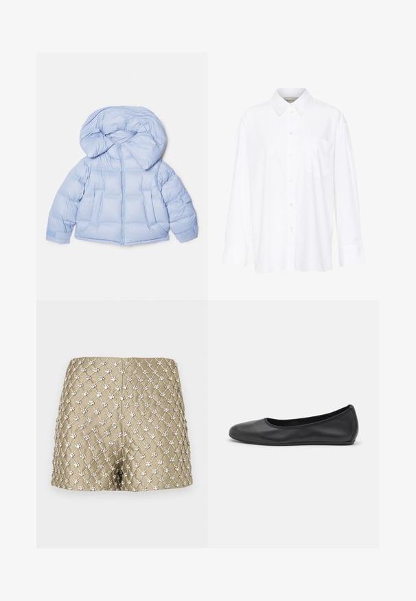 Helleblaue Steppjacke mit großer Kapuze, Reißverschluss und gesteppter Optik. Verfügt über zwei Fronttaschen und elastische Bündchen für eine bequeme Passform.; Weißes Langarmhemd mit Kragen aus Baumwolle. Verfügt über eine durchgehende Knopfleiste und eine Brusttasche. Glatte Textur, lockere Passform.; Goldfarbene Shorts mit einem Rautenmuster, verziert mit silberfarbenen Applikationen, aus glattem Stoff und in passender Form.; Schwarze Leder-Ballettschuhe mit abgerundeter Spitze, glatter Textur, minimalen Nähdetails und einem flexiblen Sohlen-Design.