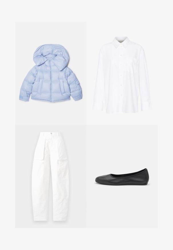 Giacca puffer azzurro chiaro con un ampio cappuccio, chiusura con zip e design trapuntato. Presenta due tasche anteriori e polsini elasticizzati per una vestibilità aderente.; Camicia bianca a maniche lunghe con colletto in cotone. Caratterizzata da una chiusura con bottoni e una tasca sul petto singola. Tessuto liscio, vestibilità comoda.; Pantaloni cargo bianchi con vestibilità ampia, multiple tasche sui lati e un tessuto testurizzato, con vita alta e chiusura a bottone.; Pantofole da balletto nere in pelle con punta arrotondata, texture liscia, dettagli di cucitura minimi e design con suola flessibile.