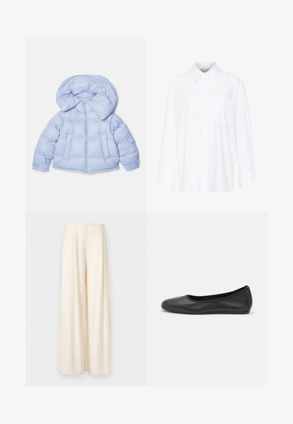 Světle modrá prošívaná bunda s velkou kapucí, zipovým zapínáním a prošívaným designem. Obsahuje dvě přední kapsy a elastické manžety pro těsné uchycení.; Bílá košile s dlouhým rukávem a límečkem vyrobená z bavlny. Má knoflíkovou přední část a jedno kapsičku na prsou. Hladký povrch, volný střih.; Norma Kamali MENS PLEAT - Kalhoty - cream; Černé kožené baletní byty s kulatou špičkou, hladkou texturou, minimálními švy a flexibilním designem podrážky.