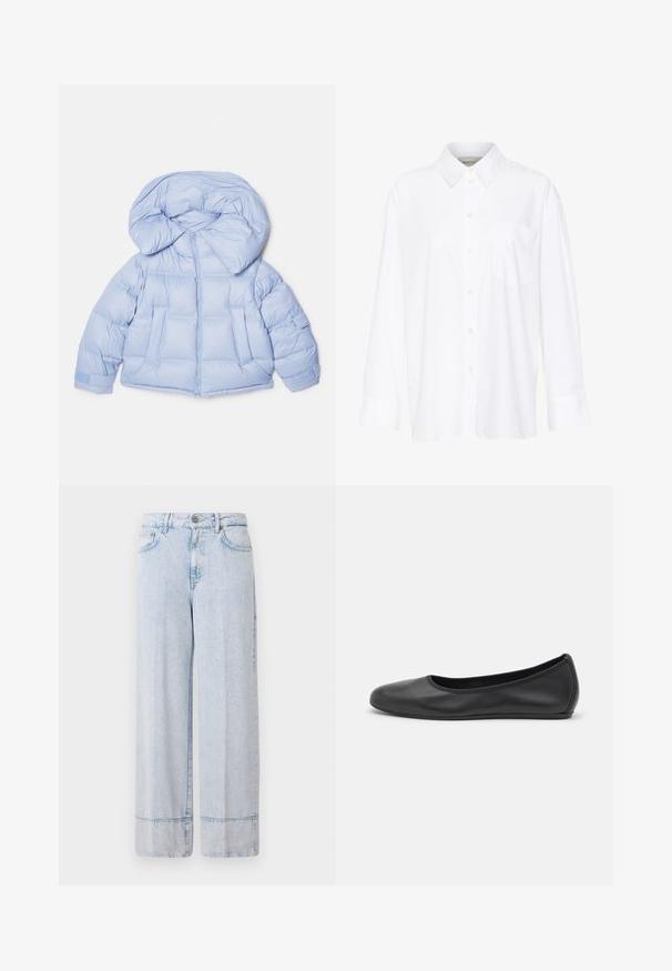 Light blue puffer jacket with a large hood, zip closure, and quilted design. Features two front pockets and elastic cuffs for a snug fit.; White long-sleeve collared shirt made of cotton. Features a button-down front and a single chest pocket. Smooth texture, relaxed fit.; Light blue denim wide-leg trousers with a high waist. Features a button and zip closure, front pockets, and a raw hem detail.; Black leather ballet flat with a rounded toe, smooth texture, minimal stitching detail, and a flexible sole design.