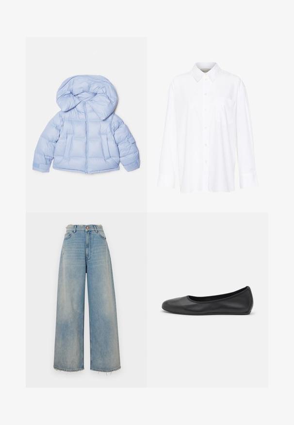Light blue puffer jacket with a large hood, zip closure, and quilted design. Features two front pockets and elastic cuffs for a snug fit.; White long-sleeve collared shirt made of cotton. Features a button-down front and a single chest pocket. Smooth texture, relaxed fit.; Light blue denim wide-leg jeans with a frayed hem, five pockets, and a button closure. Features slight distressing on the front.; Black leather ballet flat with a rounded toe, smooth texture, minimal stitching detail, and a flexible sole design.
