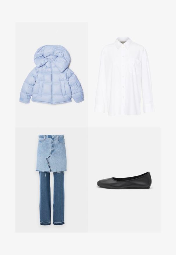 Světle modrá prošívaná bunda s velkou kapucí, zipovým zapínáním a prošívaným designem. Obsahuje dvě přední kapsy a elastické manžety pro těsné uchycení.; Bílá košile s dlouhým rukávem a límečkem vyrobená z bavlny. Má knoflíkovou přední část a jedno kapsičku na prsou. Hladký povrch, volný střih.; Džínsový oděv kombinující světle modrou mini sukni nahoře a tmavě modré zvonové džíny dole; má třepený lem a klasickou denimovou strukturu.; Černé kožené baletní byty s kulatou špičkou, hladkou texturou, minimálními švy a flexibilním designem podrážky.
