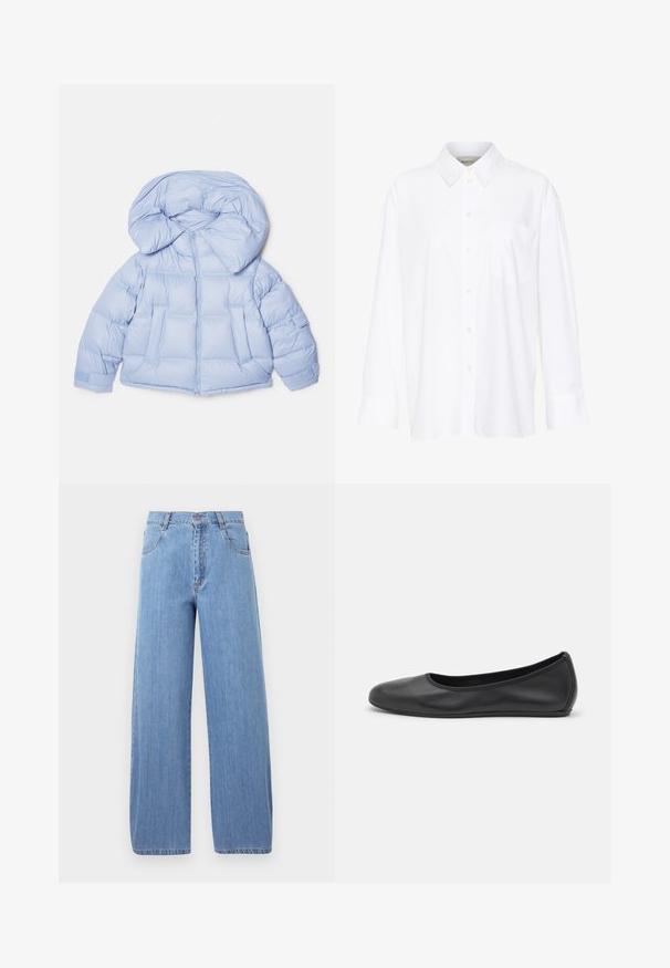 Casaco puffer azul claro com capuz grande, fecho de zip e design acolchoado. Apresenta dois bolsos frontais e punhos elásticos para um ajuste confortável.; Camisa branca de manga longa com colarinho feita de algodão. Apresenta uma parte frontal com botões e um único bolso no peito. Textura suave, corte descontraído.; Jeans de perna larga azul claro em denim, com cintura alta, bolsos frontais e detalhes de costura subtis nas costuras.; Bailarina preta em pele com bico arredondado, textura suave, detalhe de costura minimalista e design de sola flexível.
