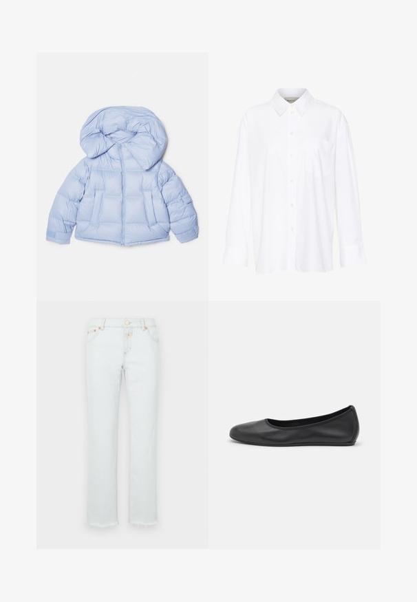 Svetlo modra puhovka z velikim kapuco, zadrgo in prešitim dizajnom. Ima dve sprednji žepi in elastične manšete za udobno prileganje.; Bela dolga majica s kragnico iz bombaža. Ima gumbno zapenjanje spredaj in eno žep na prsih. Gladka tekstura, sproščen kroj.; Svetlo modri traper hlače s ravnim krojem, z raztrganim robom, bakrenimi dodatki in obliko s petimi žepi.; Črne usnjene balerinke z zaobljenim nosom, gladko teksturo, minimalnimi šivi in fleksibilno zasnovo podplata.