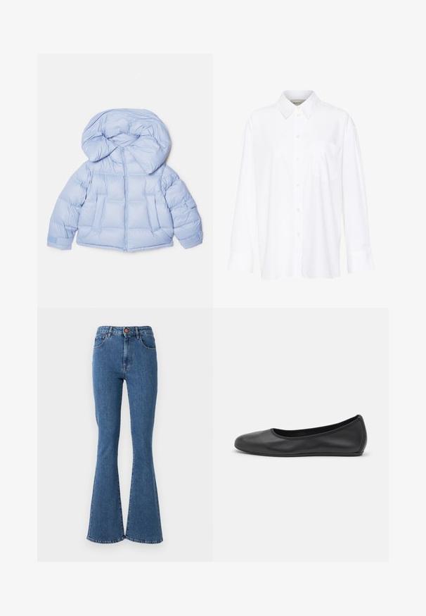 Lichtblauwe gewatteerde jas met een grote capuchon, ritssluiting en een doorgestikt ontwerp. Beschikt over twee voorzakken en elastische manchetten voor een goede pasvorm.; Witte lange mouwen overhemd met kraag van katoen. Voorzien van een knoopsluiting aan de voorkant en een enkele borstzak. Een gladde textuur en een ontspannen pasvorm.; Hoge taille blauwe spijkerbroek met een uitlopende pijp. Beschikt over vijf zakken en een knoopsluiting aan de voorkant. Stiksel details langs de naden.; Zwarte leren ballerina met een ronde neus, gladde textuur, minimale stikdetails en een flexibele zoolontwerp.