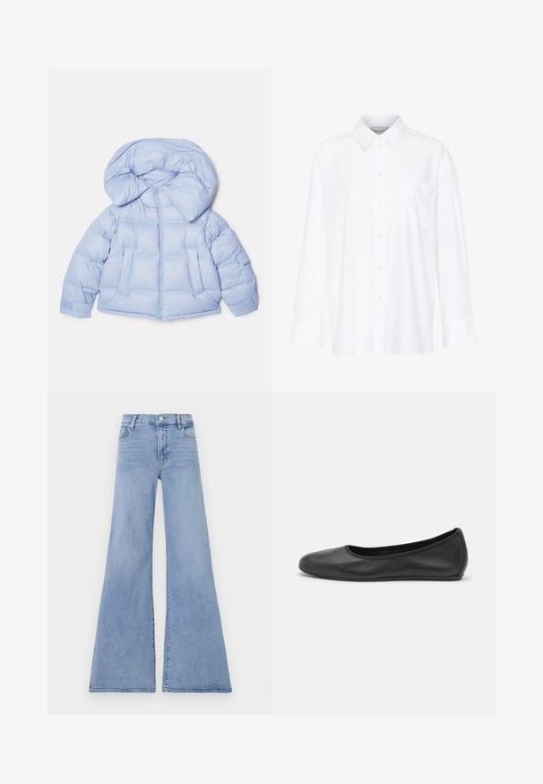 Light blue puffer jacket with a large hood, zip closure, and quilted design. Features two front pockets and elastic cuffs for a snug fit.; White long-sleeve collared shirt made of cotton. Features a button-down front and a single chest pocket. Smooth texture, relaxed fit.; Light blue flared jeans made of denim, featuring a high waist, five-pocket design, and subtle stitching details along the seams.; Black leather ballet flat with a rounded toe, smooth texture, minimal stitching detail, and a flexible sole design.