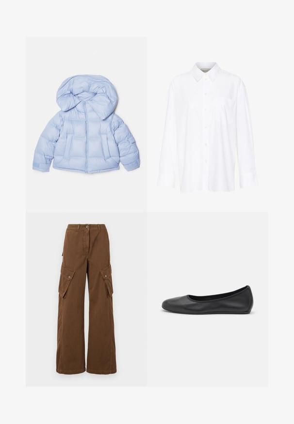 Svijetloplava puffer jakna s velikim kapuljačom, zatvaranjem na patentni zatvarač i kviltanim dizajnom. Sadrži dva prednja džepa i elastične manžete za usko pristajanje.; Bijela košulja dugih rukava s kragnom, izrađena od pamuka. Ima kopčanje s gumbima sprijeda i jednu džep na prsima. Glatka tekstura, ležeran kroj.; WEEKEND MaxMara LUCY HALE ELVY - Cargo hlače - marrone; Crne kožne baletanke s zaobljenim vrhom, glatke teksture, minimalnim detaljima šavova i fleksibilnim dizajnom potplata.