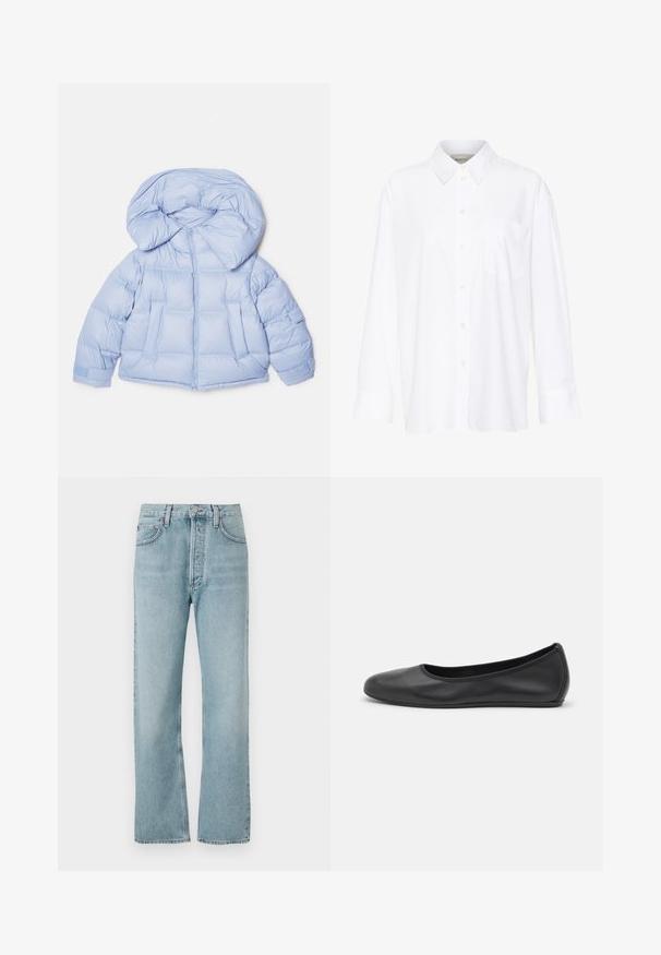 Light blue puffer jacket with a large hood, zip closure, and quilted design. Features two front pockets and elastic cuffs for a snug fit.; White long-sleeve collared shirt made of cotton. Features a button-down front and a single chest pocket. Smooth texture, relaxed fit.; Light blue denim jeans with a high waist, straight leg design, and subtle fading. Features classic metal button and five-pocket style.; Black leather ballet flat with a rounded toe, smooth texture, minimal stitching detail, and a flexible sole design.