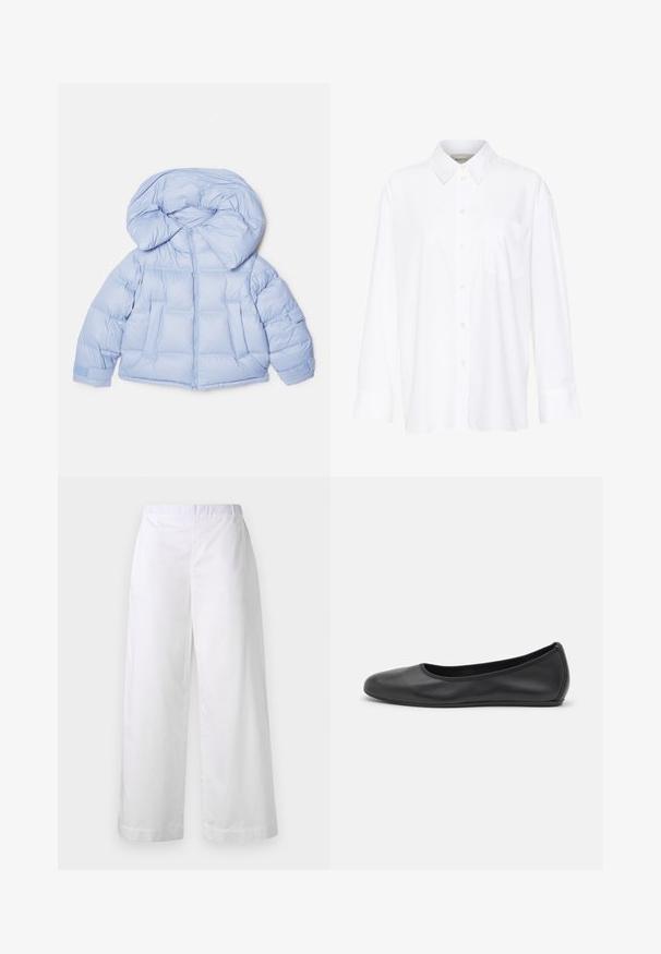 Világoskék puffdzseki nagy kapucnival, cipzáras záródással és steppelt mintázattal. Két elülső zsebbel és rugalmas mandzsettákkal rendelkezik a kényelmes illeszkedés érdekében.; Fehér, hosszú ujjú, galléros ing, amely pamutból készült. Gombos elülső része és egyetlen mellzsebe van. Simított textúra, laza szabás.; Fehér, bő szárú nadrág sima anyagból, rugalmas derékpánttal és letisztult, minimalista dizájnnal, kiegészítő díszítések nélkül.; Fekete bőr balettcipő lekerekített orral, sima tekstúrával, minimális varrással és rugalmas talp kialakítással.