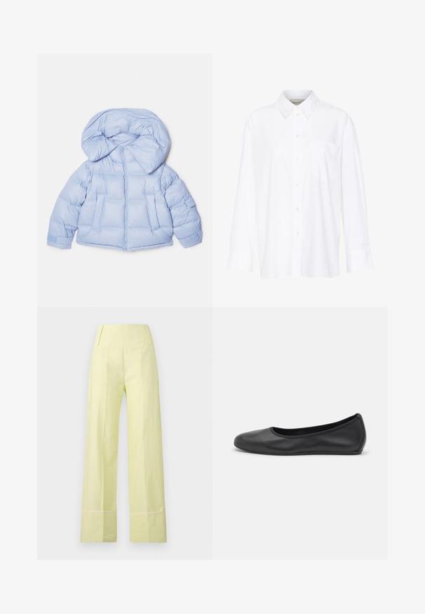 Lichtblauwe gewatteerde jas met een grote capuchon, ritssluiting en een doorgestikt ontwerp. Beschikt over twee voorzakken en elastische manchetten voor een goede pasvorm.; Witte lange mouwen overhemd met kraag van katoen. Voorzien van een knoopsluiting aan de voorkant en een enkele borstzak. Een gladde textuur en een ontspannen pasvorm.; Wijdvallende broek in een lichtgele stof met een gladde textuur. Heeft een hoge taille en contrasterende stiksels langs de zoom.; Zwarte leren ballerina met een ronde neus, gladde textuur, minimale stikdetails en een flexibele zoolontwerp.
