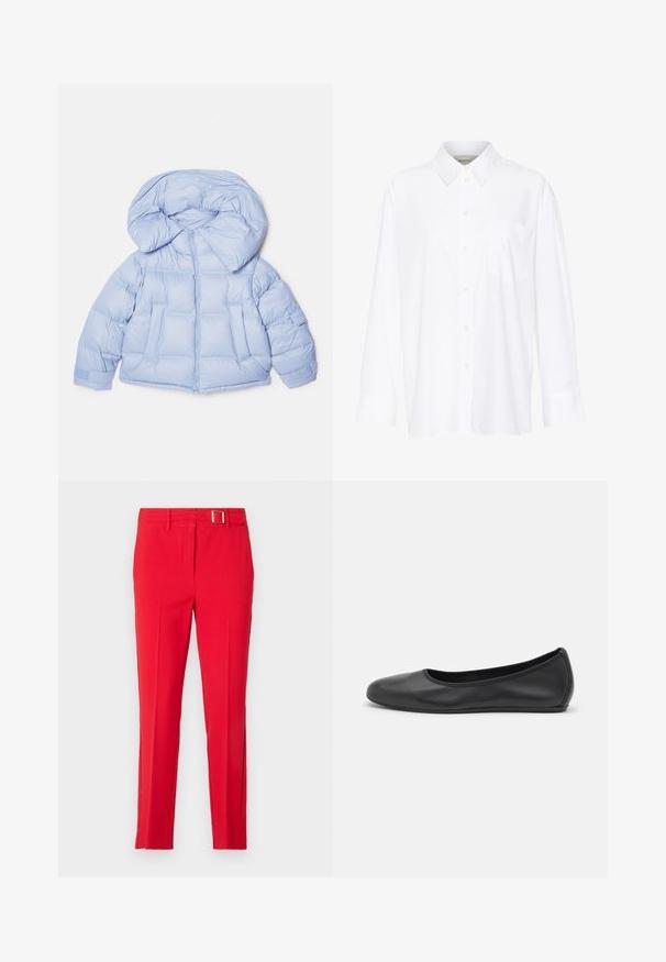 Ljusblå puffjacka med stor huva, dragkedjestängning och quiltat mönster. Har två framfickor och elastiska ärmslut för en tät passform.; Vit långärmad skjorta med krage i bomull. Har en knapp-down fram och en enda bröstficka. Slät textur, avslappnad passform.; Röda skräddarsydda byxor med en slät tyg, smal passform och ett bälte med en metallspänne. Har skarpa veck och sidofickor.; Svart läderballerinaskor med rund tå, slät yta, minimala söm detaljer och en flexibel sula.
