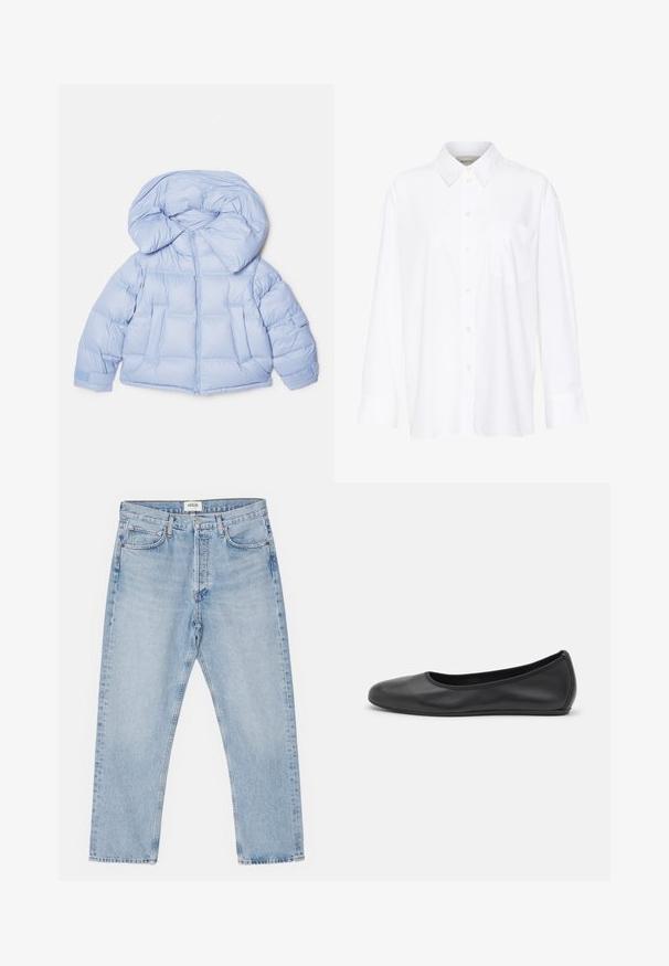 Casaco puffer azul claro com capuz grande, fecho de zip e design acolchoado. Apresenta dois bolsos frontais e punhos elásticos para um ajuste confortável.; Camisa branca de manga longa com colarinho feita de algodão. Apresenta uma parte frontal com botões e um único bolso no peito. Textura suave, corte descontraído.; Jeans de denim azul claro com um corte clássico de perna reta, cinco bolsos e fecho frontal com botão, apresentando um desvanecimento subtil e uma textura robusta.; Bailarina preta em pele com bico arredondado, textura suave, detalhe de costura minimalista e design de sola flexível.