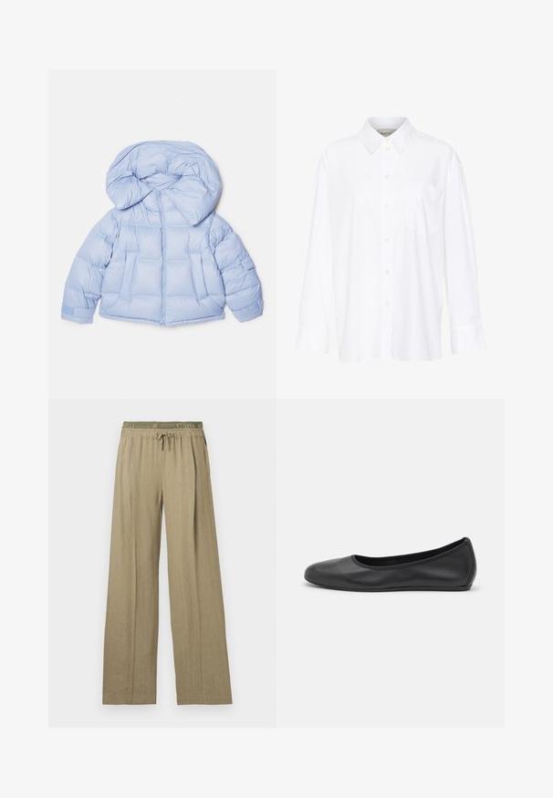 Lichtblauwe gewatteerde jas met een grote capuchon, ritssluiting en een doorgestikt ontwerp. Beschikt over twee voorzakken en elastische manchetten voor een goede pasvorm.; Witte lange mouwen overhemd met kraag van katoen. Voorzien van een knoopsluiting aan de voorkant en een enkele borstzak. Een gladde textuur en een ontspannen pasvorm.; Wijdvallende broeken in een lichte olijfgroene tint. Gemaakt van een zachte, gestructureerde stof met een elastische tailleband en een koordsluiting.; Zwarte leren ballerina met een ronde neus, gladde textuur, minimale stikdetails en een flexibele zoolontwerp.