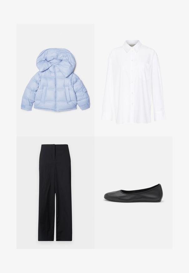 Šviesiai mėlynas pūkinis švarkas su dideliu kapišonu, užtrauktuku ir siuvinėta struktūra. Turintis dvi priekinės kišenes ir elastines rankoves, kad sandariai priglustų.; Balta ilgomis rankovėmis marškiniai su apykakle, pagaminti iš medvilnės. Su mygtukų užsegimu priekyje ir viena krūtinės kišenė. Lygus paviršius, laisvas siluetas.; Juodos platėjančios kelnės su aukštu liemeniu, pagamintos iš lygaus audinio, pasižyminčios nepriekaištingu kirpimu ir minimalizmu, be matomų metalinių elementų ar raštų.; Juodai odiniai baletai su apvaliu pirštu, lygi texture, minimalus siuvimo detales ir lanksčiu padų dizainu.