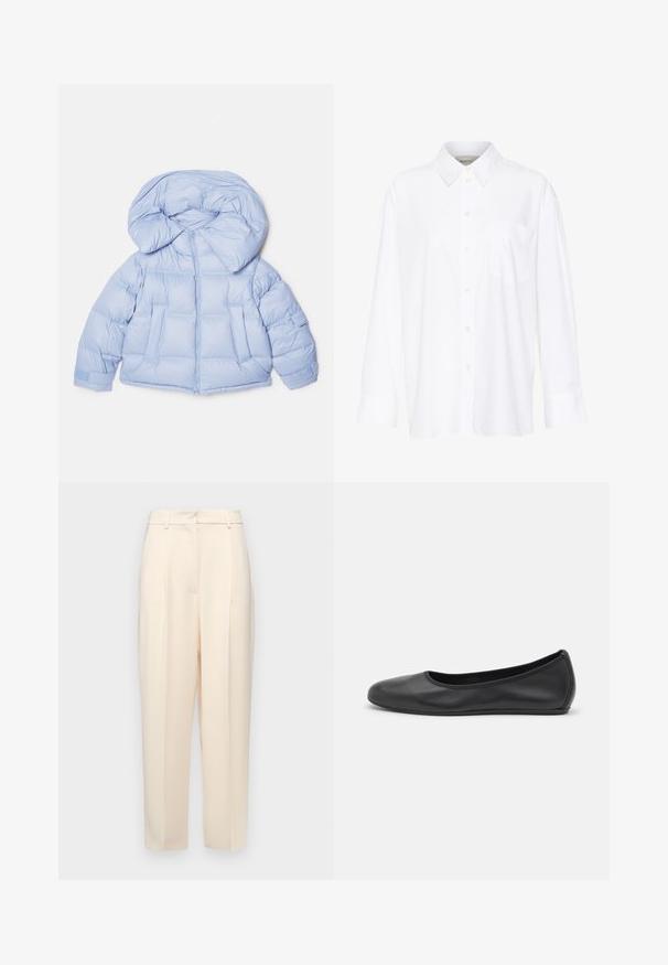 Svetlo modra puhovka z velikim kapuco, zadrgo in prešitim dizajnom. Ima dve sprednji žepi in elastične manšete za udobno prileganje.; Bela dolga majica s kragnico iz bombaža. Ima gumbno zapenjanje spredaj in eno žep na prsih. Gladka tekstura, sproščen kroj.; Bež hlače s krojem na ravno, z nagubami spredaj, gladko teksturo in srednjim pasom. Brez vidnih žepov.; Črne usnjene balerinke z zaobljenim nosom, gladko teksturo, minimalnimi šivi in fleksibilno zasnovo podplata.