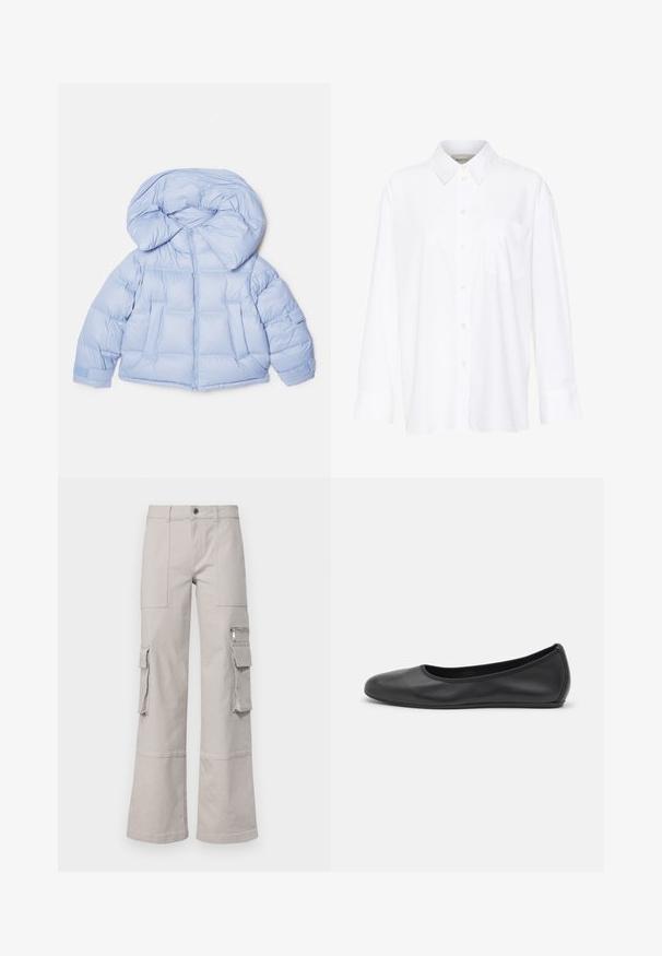 Lichtblauwe gewatteerde jas met een grote capuchon, ritssluiting en een doorgestikt ontwerp. Beschikt over twee voorzakken en elastische manchetten voor een goede pasvorm.; Witte lange mouwen overhemd met kraag van katoen. Voorzien van een knoopsluiting aan de voorkant en een enkele borstzak. Een gladde textuur en een ontspannen pasvorm.; Lichtgrijze cargobroeken met wijde pijpen, meerdere zakken en een textuurafwerking. Voorzien van zichtbare stiksels en een knoopsluiting.; Zwarte leren ballerina met een ronde neus, gladde textuur, minimale stikdetails en een flexibele zoolontwerp.