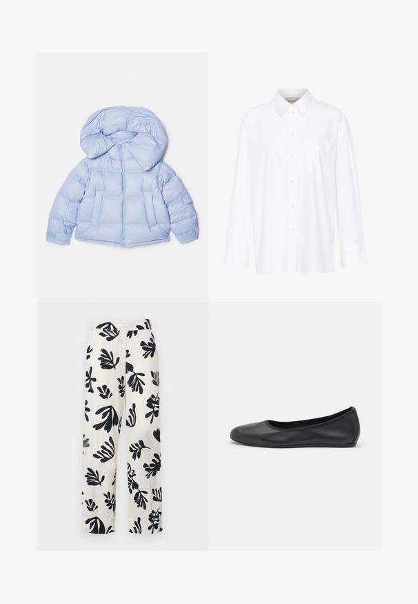 Světle modrá prošívaná bunda s velkou kapucí, zipovým zapínáním a prošívaným designem. Obsahuje dvě přední kapsy a elastické manžety pro těsné uchycení.; Bílá košile s dlouhým rukávem a límečkem vyrobená z bavlny. Má knoflíkovou přední část a jedno kapsičku na prsou. Hladký povrch, volný střih.; Bílé lněné kalhoty s výrazným černým botanickým potiskem, širokými nohavicemi, uvolněným střihem a přišitými záhyby na přední straně.; Černé kožené baletní byty s kulatou špičkou, hladkou texturou, minimálními švy a flexibilním designem podrážky.
