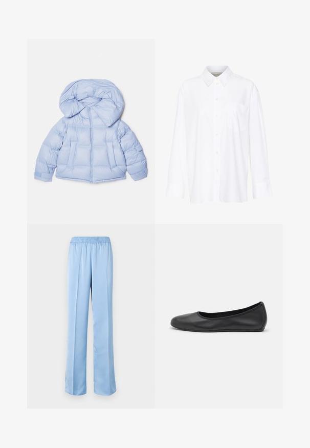 Svetlo modra puhovka z velikim kapuco, zadrgo in prešitim dizajnom. Ima dve sprednji žepi in elastične manšete za udobno prileganje.; Bela dolga majica s kragnico iz bombaža. Ima gumbno zapenjanje spredaj in eno žep na prsih. Gladka tekstura, sproščen kroj.; Sveta modra široka hlače z elastičnim pasom. Gladka tekstura, enostaven dizajn in rahlo razširjen rob z bočnimi rezi na dnu.; Črne usnjene balerinke z zaobljenim nosom, gladko teksturo, minimalnimi šivi in fleksibilno zasnovo podplata.