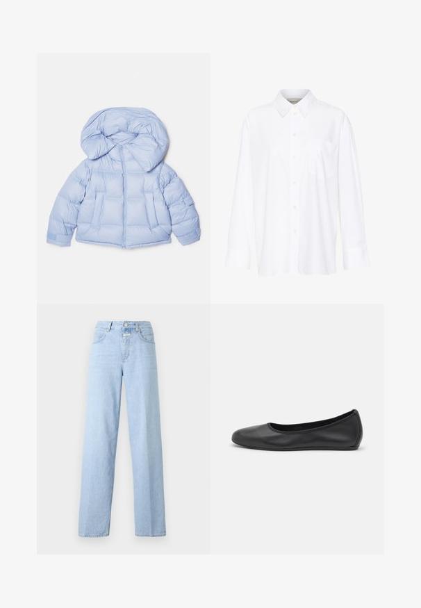 Šviesiai mėlynas pūkinis švarkas su dideliu kapišonu, užtrauktuku ir siuvinėta struktūra. Turintis dvi priekinės kišenes ir elastines rankoves, kad sandariai priglustų.; Balta ilgomis rankovėmis marškiniai su apykakle, pagaminti iš medvilnės. Su mygtukų užsegimu priekyje ir viena krūtinės kišenė. Lygus paviršius, laisvas siluetas.; Šviesiai mėlynos, aukšto liemens džinsai su tiesaus kirpimo klešnėmis. Pagaminti iš džinsinio audinio, turi penkis kišenes ir priekinį mygtuką. Minimalistinis dizainas.; Juodai odiniai baletai su apvaliu pirštu, lygi texture, minimalus siuvimo detales ir lanksčiu padų dizainu.