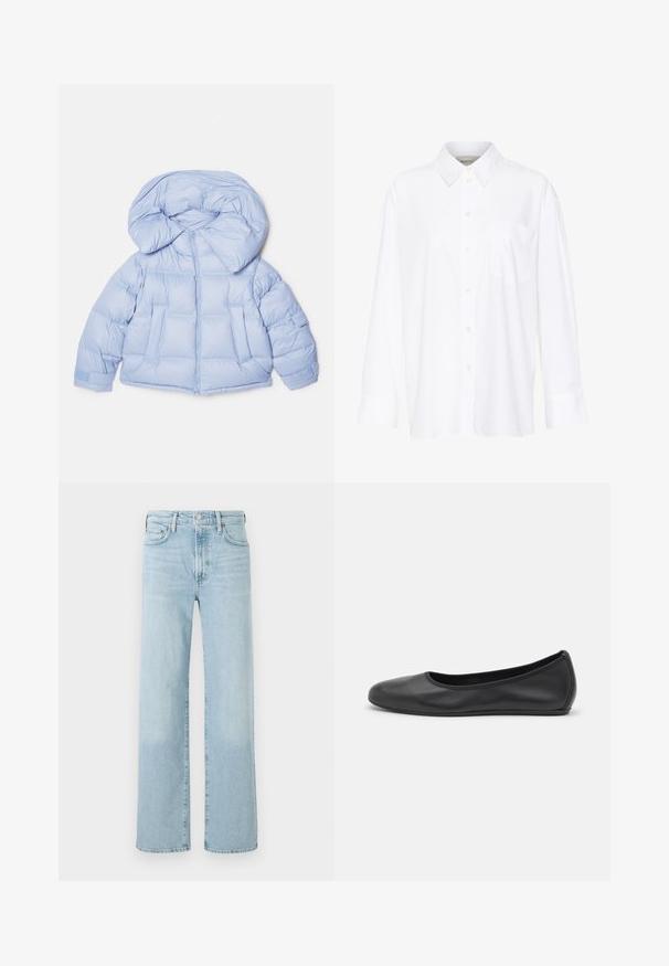 Jachetă puffer albastru deschis, cu o glugă mare, închidere cu fermoar și design matlasat. Dispune de două buzunare frontale și manșete elastice pentru o ajustare perfectă.; Cămașă albă cu mânecă lungă și guler, fabricată din bumbac. Are un închidere cu băta pe față și un singur buzunar pe piept. Textură netedă, croială lejeră.; Blugi din denim de un albastru deschis, cu un design drept, având închidere cu botão, cinci buzunare și o ușoară decolorare a țesăturii.; Balerini din piele neagră, cu vârf rotund, textură netedă, detalii de cusătură minimale și un design al tălpii flexibil.