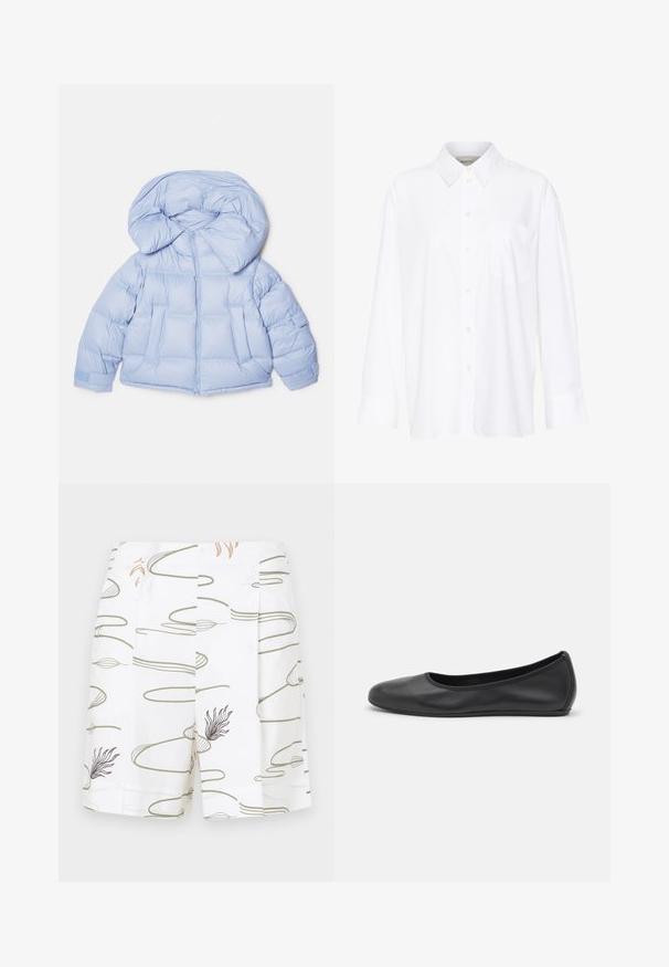 Light blue puffer jacket with a large hood, zip closure, and quilted design. Features two front pockets and elastic cuffs for a snug fit.; White long-sleeve collared shirt made of cotton. Features a button-down front and a single chest pocket. Smooth texture, relaxed fit.; White shorts with flowy, abstract green and brown line patterns, featuring pleats and a smooth texture.; Black leather ballet flat with a rounded toe, smooth texture, minimal stitching detail, and a flexible sole design.