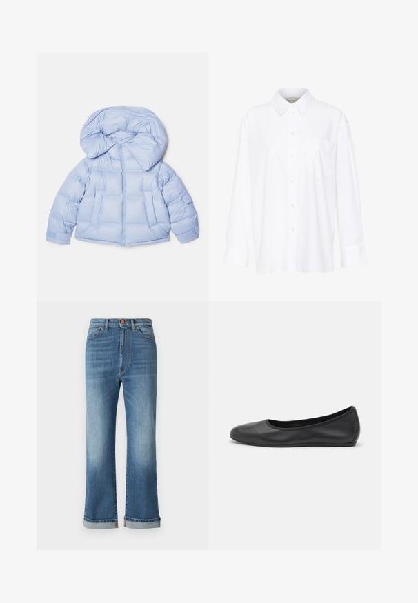 Šviesiai mėlynas pūkinis švarkas su dideliu kapišonu, užtrauktuku ir siuvinėta struktūra. Turintis dvi priekinės kišenes ir elastines rankoves, kad sandariai priglustų.; Balta ilgomis rankovėmis marškiniai su apykakle, pagaminti iš medvilnės. Su mygtukų užsegimu priekyje ir viena krūtinės kišenė. Lygus paviršius, laisvas siluetas.; Mėlyni džinsai su aukštu juosmeniu, plačiomis kojomis ir prikeltomis rankovėmis. Matoma siuvimo linija ir priekinis mygtuko užsegimas, klasikinis penkių kišenių dizainas.; Juodai odiniai baletai su apvaliu pirštu, lygi texture, minimalus siuvimo detales ir lanksčiu padų dizainu.