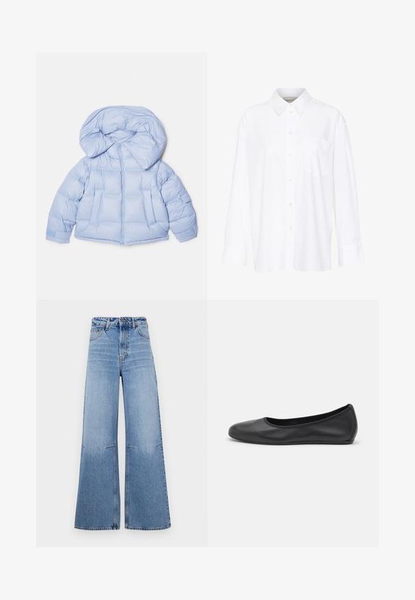 Chaqueta de plumas azul claro con una gran capucha, cierre de cremallera y diseño acolchado. Cuenta con dos bolsillos frontales y puños elásticos para un ajuste ceñido.; Camisa blanca de manga larga y cuello hecha de algodón. Presenta un cierre de botones en la parte delantera y un bolsillo en el pecho. Textura suave, ajuste relajado.; Vaqueros de mezclilla de pierna ancha de color azul claro con cintura alta, que cuentan con bolsillos frontales y detalles de costura que bajan verticalmente por las piernas.; Bailarina de piel negra con punta redondeada, textura suave, detalle de costura minimalista y diseño de suela flexible.