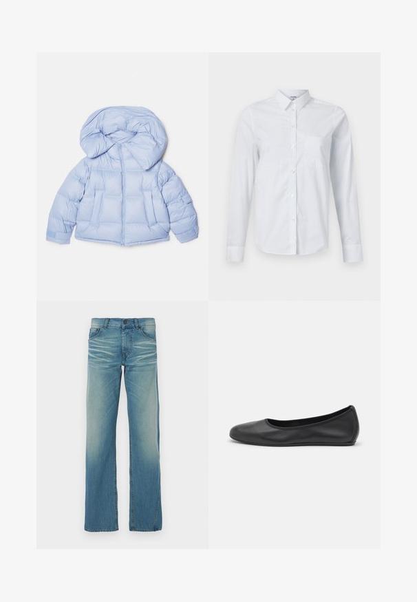 Hele sinine puffjakiga, millel on suur kapuuts, tõmblukk ja tikandiga disain. Omab kahte esist taskut ja elastseid mansette mugava istuvuse tagamiseks.; Valge pikakä sleeves särkk, mis on valmistatud puuvillast. Omab nööbiga esiosa, teravat kaelust ja vasakul küljel rinnataskut.; Heledad sinise denimi sirge sääre lõikega teksapüksid, pleekinud värvusega, viie taskuga ja nööpidega sulgemisega. Nähtavad õmblused rõhutavad disaini.; Musthave mustika tantsutossud mustast nahast, ümmarguse varbaga, siledast tekstuurist, minimaalse õmblusdetailiga ja paindliku tallakujundusega.