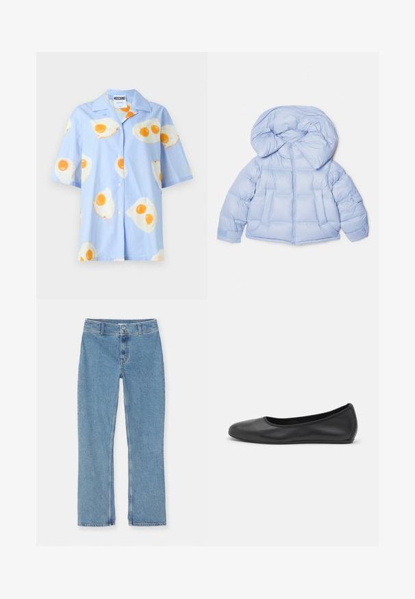 Lichtblauwe gewatteerde jas met een grote capuchon, ritssluiting en een doorgestikt ontwerp. Beschikt over twee voorzakken en elastische manchetten voor een goede pasvorm.; Lichtblauw shirt met korte mouwen en knoopsluiting, met een herhaald patroon van gebakken eieren in wit en geel. 95% katoen, 5% elastaan.; Lichtblauwe recht gesneden denim jeans met knoop- en ritssluiting, riemlussen en standaard stiksel op een witte achtergrond.; Zwarte leren ballerina met een ronde neus, gladde textuur, minimale stikdetails en een flexibele zoolontwerp.