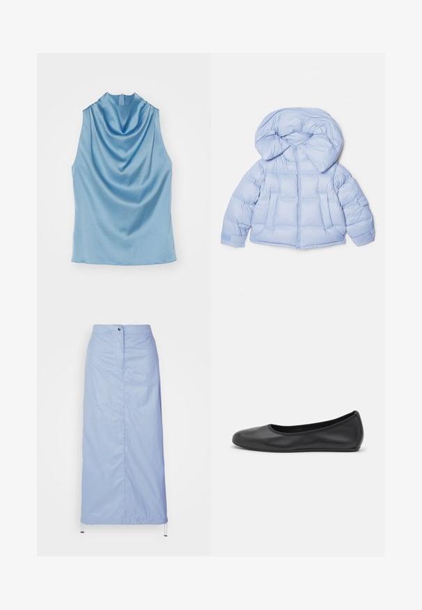 Világoskék puffdzseki nagy kapucnival, cipzáras záródással és steppelt mintázattal. Két elülső zsebbel és rugalmas mandzsettákkal rendelkezik a kényelmes illeszkedés érdekében.; Ujjatlan felső világoskék szatén anyagból, magas nyakkal és redőzéssel. Hátsó cipzáras záródás és sima textúra.; Világoskék, közepes hosszúságú, sima, könnyű anyagból készült szoknya, egyenes szabással, elülső gombos zárással és húzózsinórral rendelkezik az alsó szegélyén.; Fekete bőr balettcipő lekerekített orral, sima tekstúrával, minimális varrással és rugalmas talp kialakítással.