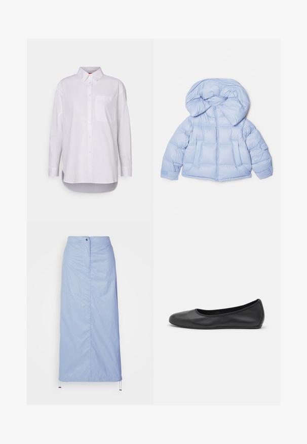 Giacca puffer azzurro chiaro con un ampio cappuccio, chiusura con zip e design trapuntato. Presenta due tasche anteriori e polsini elasticizzati per una vestibilità aderente.; MAX&Co. BARI - Camicia - weiss; Gonna blu chiaro, di lunghezza media, realizzata in materiale liscio e leggero con taglio dritto, dotata di chiusura con bottoni frontali e orlo con cordoncino.; Pantofole da balletto nere in pelle con punta arrotondata, texture liscia, dettagli di cucitura minimi e design con suola flessibile.