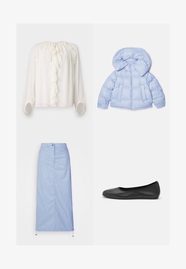 Helleblaue Steppjacke mit großer Kapuze, Reißverschluss und gesteppter Optik. Verfügt über zwei Fronttaschen und elastische Bündchen für eine bequeme Passform.; Weiße Bluse mit langen Ärmeln und einem gerafften Ausschnitt sowie Manschetten. Weicher, leichter Stoff mit Raffung an den Schultern und Ärmeln.; Helleblaue Midilänge-Rock aus glattem, leichtem Material mit geradem Schnitt, verfügt über eine Knopfverschluss vorne und einen Kordelzugsaum.; Schwarze Leder-Ballettschuhe mit abgerundeter Spitze, glatter Textur, minimalen Nähdetails und einem flexiblen Sohlen-Design.