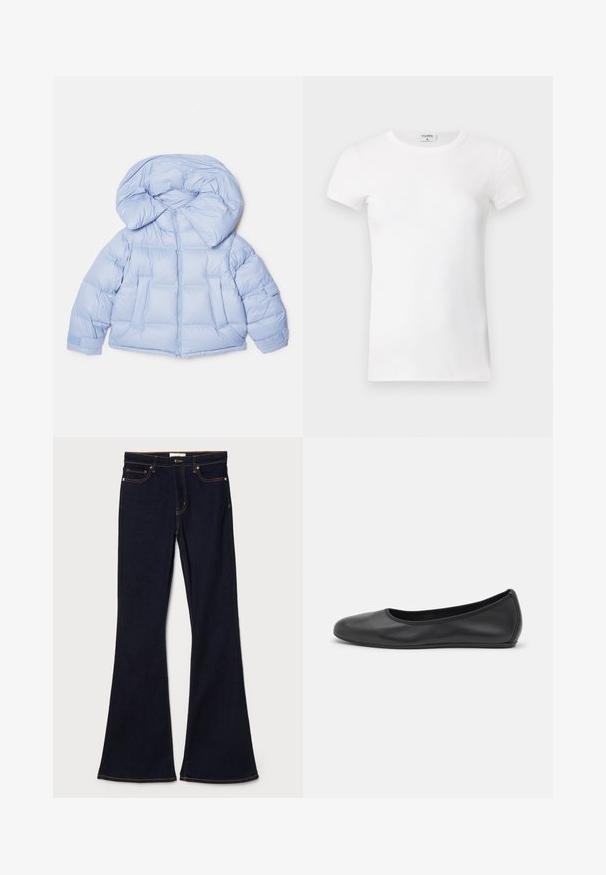 Light blue puffer jacket with a large hood, zip closure, and quilted design. Features two front pockets and elastic cuffs for a snug fit.; White ribbed short-sleeve T-shirt with a crew neck. The fabric appears smooth with a fitted silhouette. Branding label visible at the collar.; Dark blue flared jeans made of denim, featuring yellow stitching, front pockets, and a standard waistband with button closure.; Black leather ballet flat with a rounded toe, smooth texture, minimal stitching detail, and a flexible sole design.