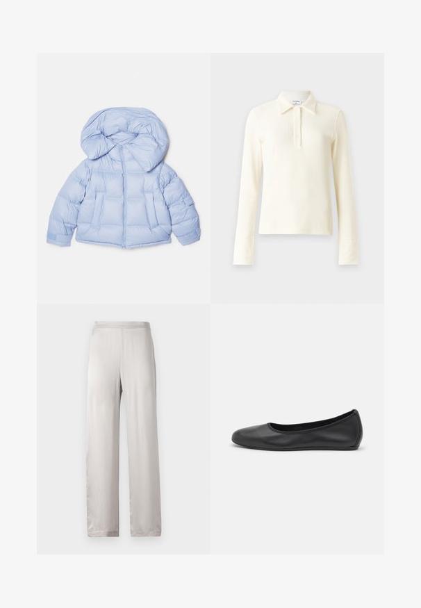 Valkoinen puhallusjakku, jossa on suuri huppu, vetoketjukiinnitys ja tikattu muotoilu. Sisältää kaksi etutaskua ja joustavat hihansuut tiivistä istuvuutta varten.; Kerman raidalliset pitkähihaset poolopaita, jossa on kaulus ja kolmen napin listat. Ominaisuuksiin kuuluvat istuvat hihansuut ja pehmeä, tekstuurinen kangas.; Harmaat satiinifarkut, joissa on leveät lahkeet. Sileä rakenne, elastinen vyötärö ja ei näkyviä kuvioita tai metalliosia.; Musta nahkainen ballerina, jossa on pyöristetty kärki, sileä pinta, minimaalinen ommelkoristelu ja joustava pohjamuotoilu.