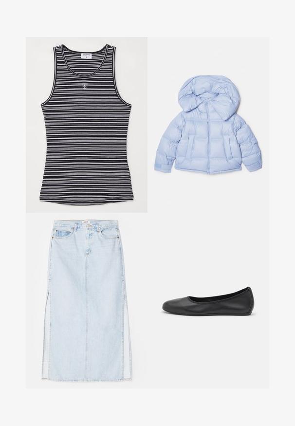 Lichtblauwe gewatteerde jas met een grote capuchon, ritssluiting en een doorgestikt ontwerp. Beschikt over twee voorzakken en elastische manchetten voor een goede pasvorm.; Zwart-wit gestreepte tanktop gemaakt van zachte stof, met een ronde halslijn en een klein logo op het midden van de voorkant.; Lichtblauwe denim maxi rok met een rechte snit, voorzien van zijsplits en een ontwerp met vijf zakken. Opvallende stiksels en metalen knoopsluiting.; Zwarte leren ballerina met een ronde neus, gladde textuur, minimale stikdetails en een flexibele zoolontwerp.