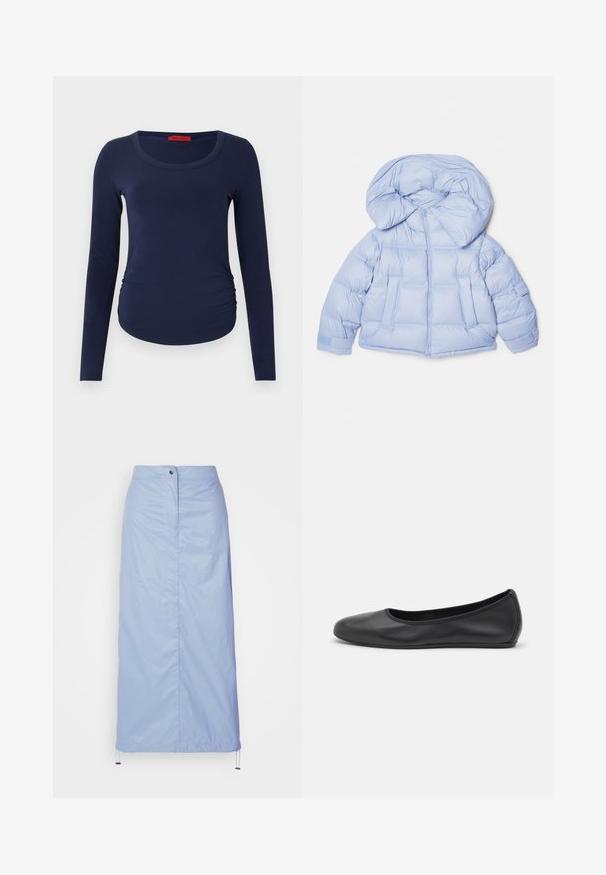 Világoskék puffdzseki nagy kapucnival, cipzáras záródással és steppelt mintázattal. Két elülső zsebbel és rugalmas mandzsettákkal rendelkezik a kényelmes illeszkedés érdekében.; Hosszú ujjú tengerészkék póló, puha anyagból készült, kieső nyakkivágással és oldalsó redőzéssel a formás megjelenés érdekében.; Világoskék, közepes hosszúságú, sima, könnyű anyagból készült szoknya, egyenes szabással, elülső gombos zárással és húzózsinórral rendelkezik az alsó szegélyén.; Fekete bőr balettcipő lekerekített orral, sima tekstúrával, minimális varrással és rugalmas talp kialakítással.
