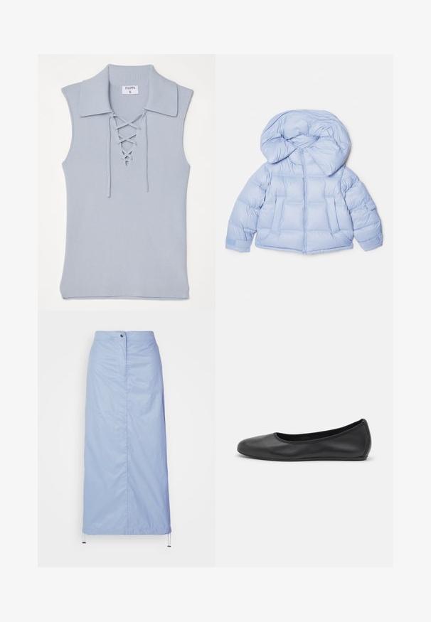Svijetloplava puffer jakna s velikim kapuljačom, zatvaranjem na patentni zatvarač i kviltanim dizajnom. Sadrži dva prednja džepa i elastične manžete za usko pristajanje.; Filippa K LACED COLLAR - Top - ice blue; Svijetloplava suknja srednje dužine izrađena od glatkog, laganog materijala s ravnim krojem, ima prednje dugme za zatvaranje i vezicu na rubu.; Crne kožne baletanke s zaobljenim vrhom, glatke teksture, minimalnim detaljima šavova i fleksibilnim dizajnom potplata.