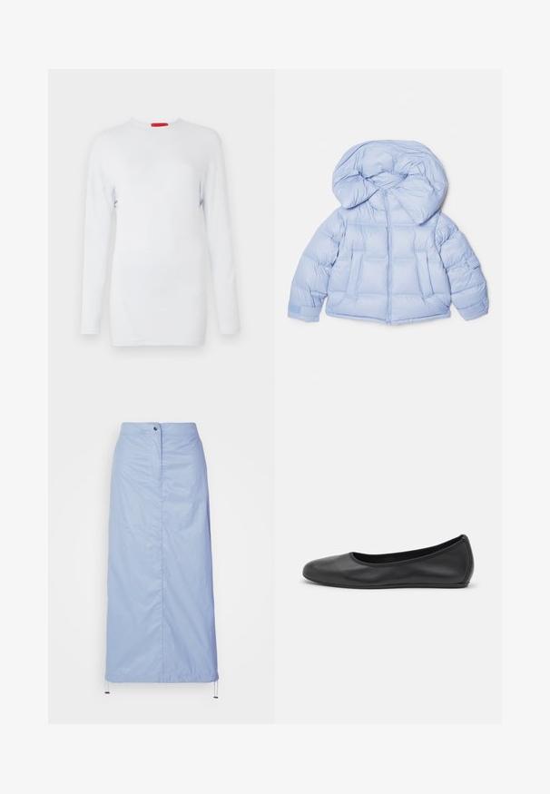 Light blue puffer jacket with a large hood, zip closure, and quilted design. Features two front pockets and elastic cuffs for a snug fit.; Long-sleeve white top made from soft fabric, featuring a round neckline and diagonal seam detailing for a textured appearance. Red brand label.; Light blue, mid-length skirt made of smooth, lightweight material with a straight cut, features a front button closure and drawstring hem.; Black leather ballet flat with a rounded toe, smooth texture, minimal stitching detail, and a flexible sole design.