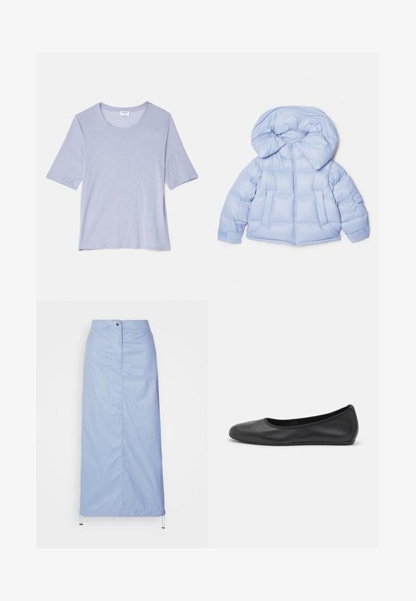 Valkoinen puhallusjakku, jossa on suuri huppu, vetoketjukiinnitys ja tikattu muotoilu. Sisältää kaksi etutaskua ja joustavat hihansuut tiivistä istuvuutta varten.; Vaaleansininen lyhythihainen T-paita, jossa on pyöreä pääntie, valmistettu pehmeästä kankaasta, ja se on rento malli, jolla on sileä ja hienovarainen tekstuuri.; Vaaleansininen, keskipitkä hame, joka on valmistettu sileästä, kevyestä materiaalista ja jossa on suora malli. Hameessa on etupainikekiinnitys ja nyörihelma.; Musta nahkainen ballerina, jossa on pyöristetty kärki, sileä pinta, minimaalinen ommelkoristelu ja joustava pohjamuotoilu.