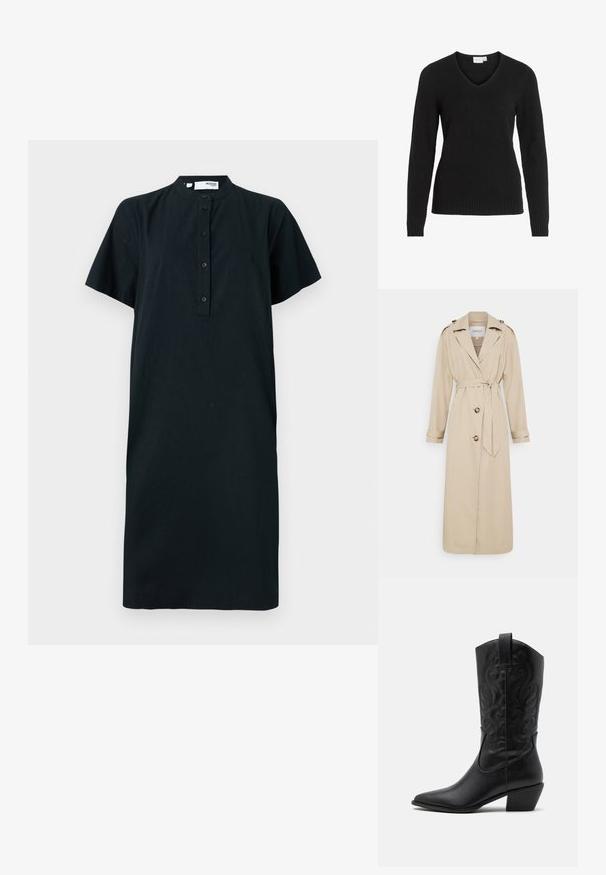 Beżowy trencz z paskiem w talii, długimi rękawami i podwójnymi guzikami z przodu. Posiada epoletki na ramionach i prosty dół.; Czarny sweter V-neck z miękkiego materiału, z długimi rękawami, ribbowym dołem i mankietami, o prostym i klasycznym wzorze.; Czarna sukienka krótki rękaw z kołnierzykiem mandaryńskim, z zapięciem na guziki i prostym krojem. Wykonana z fakturowanej tkaniny.; Czarne skórzane kowbojki z szpiczastym noskiem, z embosowanymi spiralnymi wzorami i średnim obcasem. Posiadają pętelkę do łatwego zakładania.