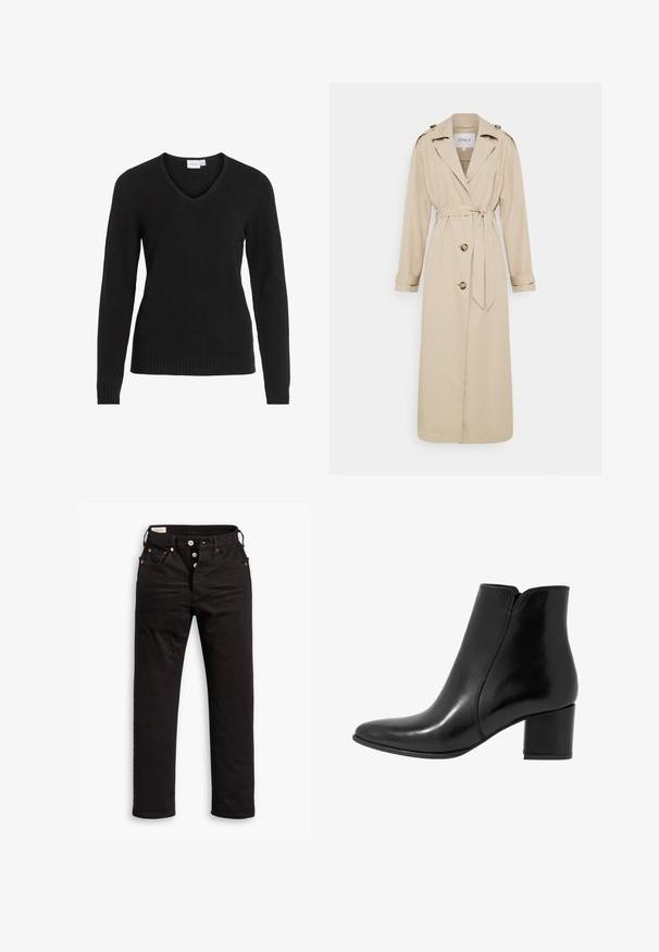 Bež plašč z pasom, dolgimi rokavi in dvema sprednjima gumboma. Ima epauleto na rami in ravno zadnjo rob.; Črn pulover z V-izrezom, narejen iz mehkega blaga, z dolgimi rokavi, rebrastim robom in manšetami, s preprostim in klasičnim dizajnom.; Črne naravnost krojene kavbojke z gumbom, sprednjimi in zadnjimi žepi ter podrobnostmi iz bakrovih zakovic na beli podlagi.; Anna Field LEATHER - Klasični gležnjarji - black