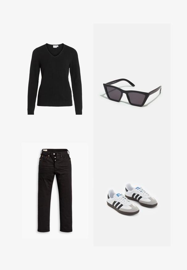 Šviesiai rudos spalvos tranšėja su diržu juosmens srityje, ilgomis rankovėmis ir dvejomis priekinėmis mygtukų užsegimo. Įrengta petnešos ant pečių ir tiesiu apdaila.; Juodas V-kaklo megztinis pagamintas iš minkštos medžiagos, turintis ilgomis rankovėmis, grąžtiniu apvadu irmanželiu, su paprastu ir klasikinio dizaino.; Juodi tiesūs džinsai su sagčių uždarymu, priekiniais ir galiniais kišenėmis, bei vario priedais ant balto fono.; Sportiniai batai su balta odine viršutine dalimi, pilku zomšiniu priekiu ir trimis juodomis juostelėmis. Ant liežuvio yra mėlynas logotipas, o padas pagamintas iš tekstūruoto gumos.; Juodos, kampuotos saulės akinios su pilkais stiklais; pagaminti iš plastiko, su storomis šakėmis, turinčiomis lygų paviršių ir be matomų detalių.